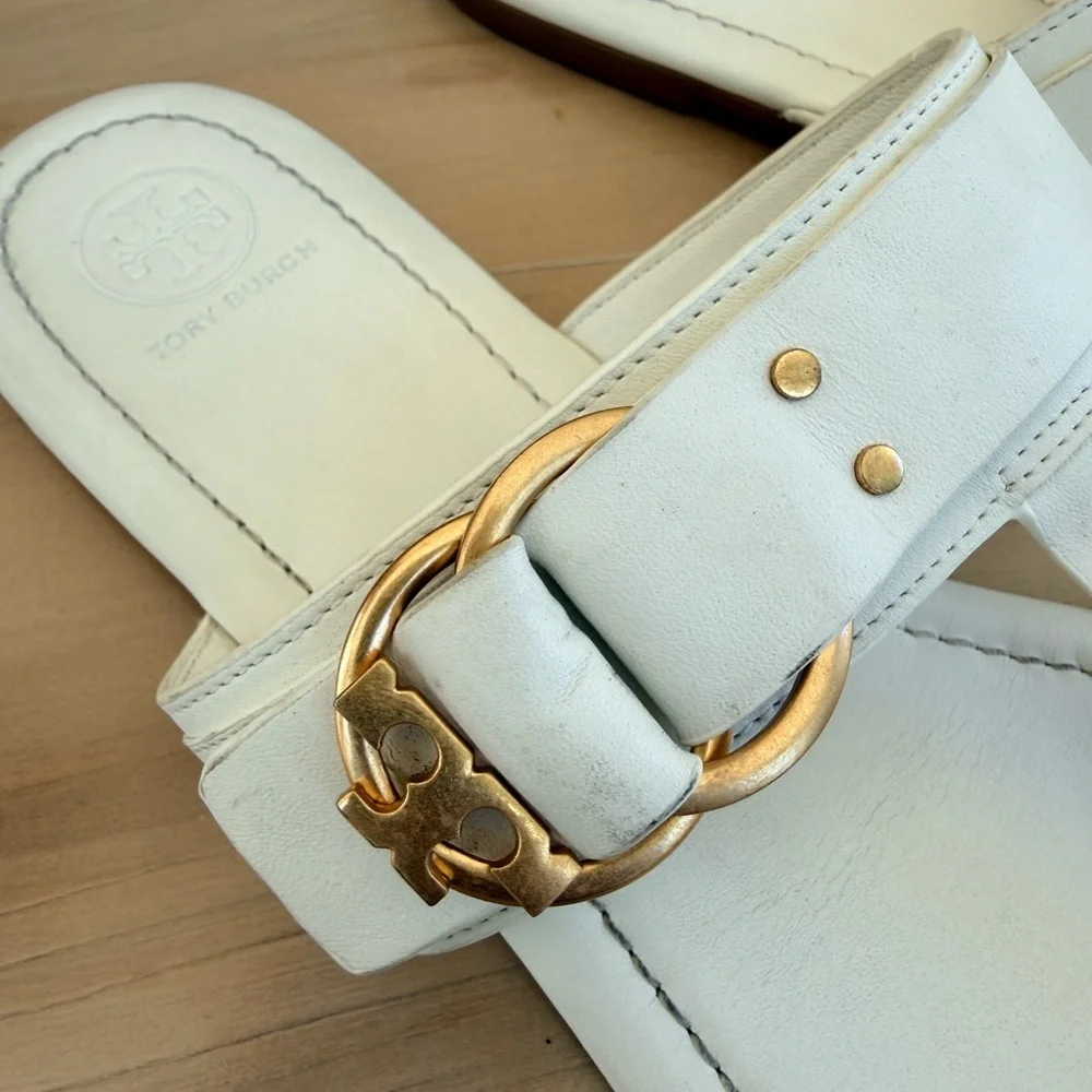 ✨ Tory Burch White Leather Buckle Thong Sandals - Size 11